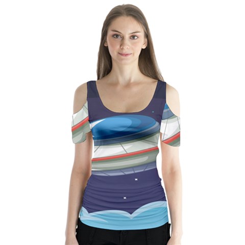 Ufo Alien Spaceship Galaxy Butterfly Sleeve Cutout T-shirt  by Bedest