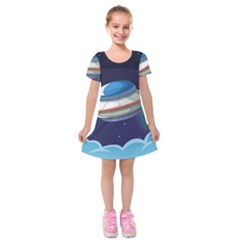 Ufo Alien Spaceship Galaxy Kids  Short Sleeve Velvet Dress by Bedest