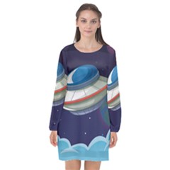 Ufo Alien Spaceship Galaxy Long Sleeve Chiffon Shift Dress  by Bedest