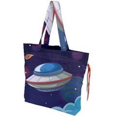 Ufo Alien Spaceship Galaxy Drawstring Tote Bag by Bedest