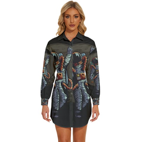 Illustration Drunk Astronaut Womens Long Sleeve Shirt Dress by Bedest