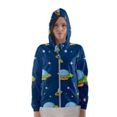 Seamless Pattern Ufo With Star Space Galaxy Background Women s Hooded Windbreaker by Bedest