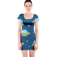 Seamless Pattern Ufo With Star Space Galaxy Background Short Sleeve Bodycon Dress by Bedest