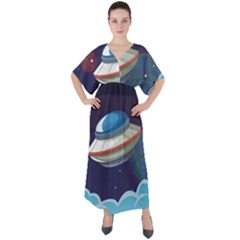 Ufo Alien Spaceship Galaxy V-neck Boho Style Maxi Dress by Bedest