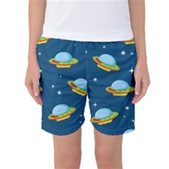 Seamless Pattern Ufo With Star Space Galaxy Background Women s Basketball Shorts by Bedest