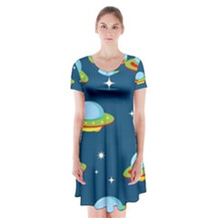 Seamless Pattern Ufo With Star Space Galaxy Background Short Sleeve V-neck Flare Dress