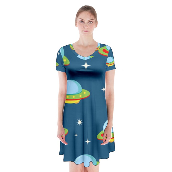 Seamless Pattern Ufo With Star Space Galaxy Background Short Sleeve V-neck Flare Dress