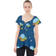 Seamless Pattern Ufo With Star Space Galaxy Background Lace Front Dolly Top by Bedest