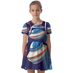 Ufo Alien Spaceship Galaxy Kids  Short Sleeve Pinafore Style Dress by Bedest