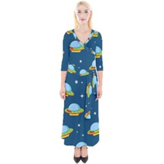 Seamless Pattern Ufo With Star Space Galaxy Background Quarter Sleeve Wrap Maxi Dress