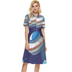 Ufo Alien Spaceship Galaxy Button Top Knee Length Dress by Bedest