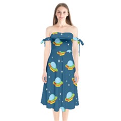 Seamless Pattern Ufo With Star Space Galaxy Background Shoulder Tie Bardot Midi Dress by Bedest