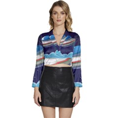 Ufo Alien Spaceship Galaxy Long Sleeve Tie Back Satin Wrap Top by Bedest