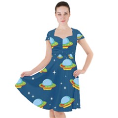 Seamless Pattern Ufo With Star Space Galaxy Background Cap Sleeve Midi Dress