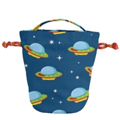 Seamless Pattern Ufo With Star Space Galaxy Background Drawstring Bucket Bag by Bedest