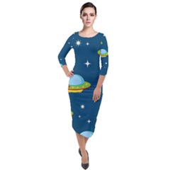 Seamless Pattern Ufo With Star Space Galaxy Background Quarter Sleeve Midi Velour Bodycon Dress by Bedest