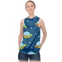 Seamless Pattern Ufo With Star Space Galaxy Background High Neck Satin Top View1