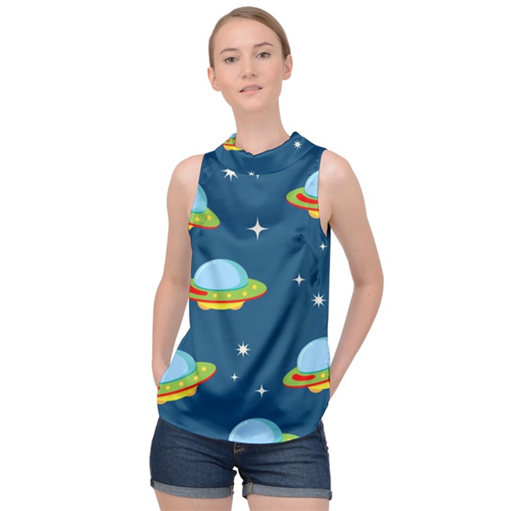 Seamless Pattern Ufo With Star Space Galaxy Background High Neck Satin Top