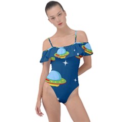 Seamless Pattern Ufo With Star Space Galaxy Background Frill Detail One Piece Swimsuit by Bedest