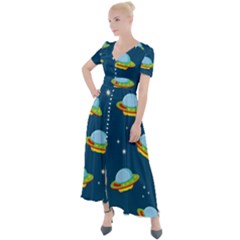 Seamless Pattern Ufo With Star Space Galaxy Background Button Up Short Sleeve Maxi Dress by Bedest