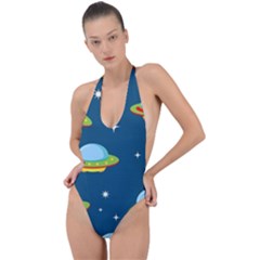 Seamless Pattern Ufo With Star Space Galaxy Background Backless Halter One Piece Swimsuit by Bedest