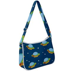 Seamless Pattern Ufo With Star Space Galaxy Background Zip Up Shoulder Bag by Bedest