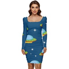 Seamless Pattern Ufo With Star Space Galaxy Background Women Long Sleeve Ruched Stretch Jersey Dress by Bedest