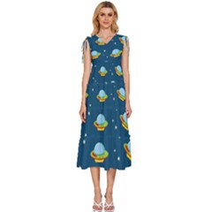 Seamless Pattern Ufo With Star Space Galaxy Background V-neck Drawstring Shoulder Sleeveless Maxi Dress by Bedest