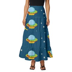 Seamless Pattern Ufo With Star Space Galaxy Background Tiered Ruffle Maxi Skirt by Bedest