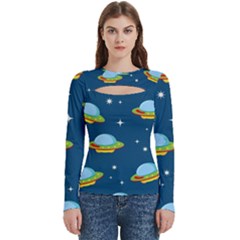 Seamless Pattern Ufo With Star Space Galaxy Background Women s Cut Out Long Sleeve T-shirt by Bedest