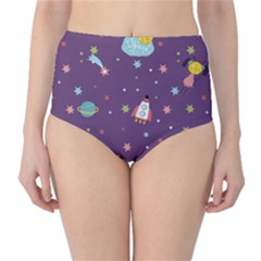 Space Travels Seamless Pattern Vector Cartoon Classic High-waist Bikini Bottoms by Bedest