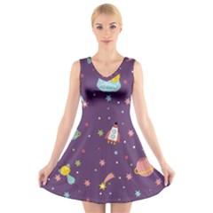 Space Travels Seamless Pattern Vector Cartoon V-neck Sleeveless Dress by Bedest