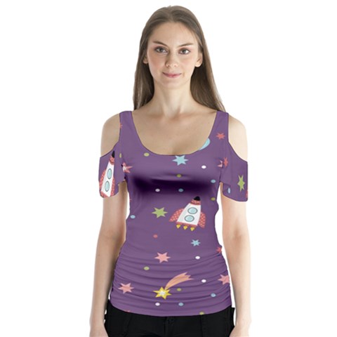 Space Travels Seamless Pattern Vector Cartoon Butterfly Sleeve Cutout T-shirt  by Bedest