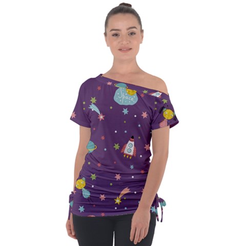 Space Travels Seamless Pattern Vector Cartoon Off Shoulder Tie-up T-shirt by Bedest