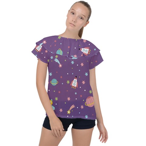 Space Travels Seamless Pattern Vector Cartoon Ruffle Collar Chiffon Blouse by Bedest