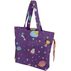 Space Travels Seamless Pattern Vector Cartoon Drawstring Tote Bag by Bedest