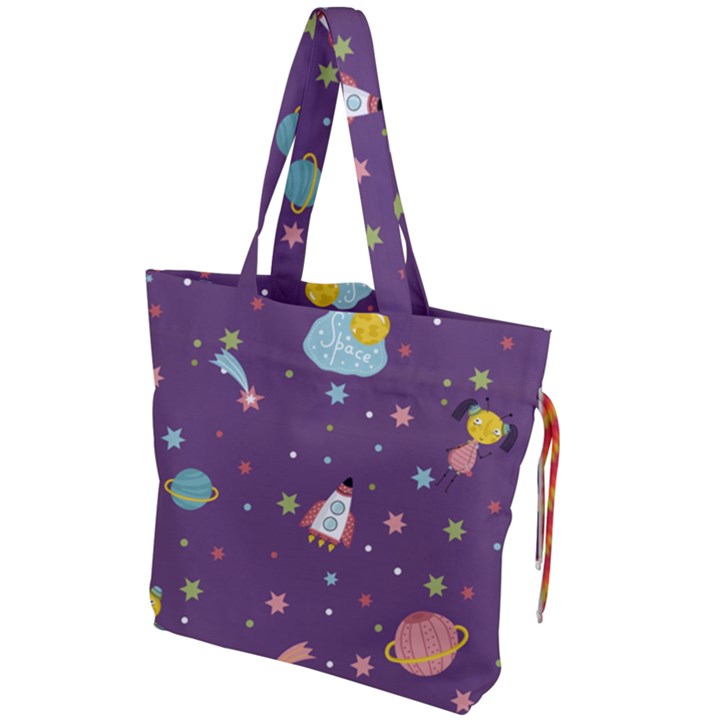 Space Travels Seamless Pattern Vector Cartoon Drawstring Tote Bag