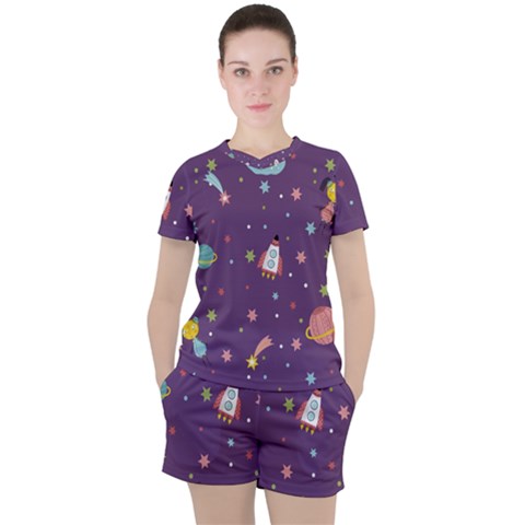 Space Travels Seamless Pattern Vector Cartoon Women s T-shirt And Shorts Set by Bedest