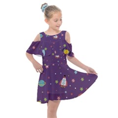 Space Travels Seamless Pattern Vector Cartoon Kids  Shoulder Cutout Chiffon Dress by Bedest