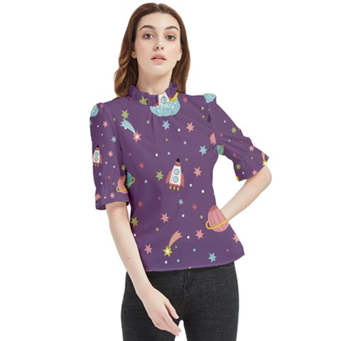 Space Travels Seamless Pattern Vector Cartoon Frill Neck Blouse by Bedest