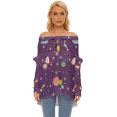 Space Travels Seamless Pattern Vector Cartoon Off Shoulder Chiffon Pocket Shirt by Bedest