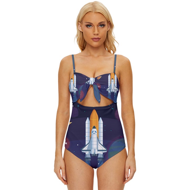 Spaceship Milkyway Galaxy Knot Front One-Piece Swimsuit