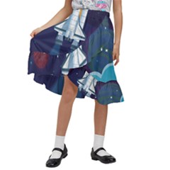 Spaceship Milkyway Galaxy Kids  Ruffle Flared Wrap Midi Skirt by Bedest