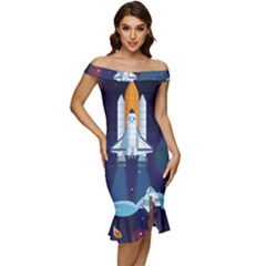 Spaceship Milkyway Galaxy Off Shoulder Ruffle Split Hem Bodycon Dress by Bedest