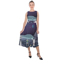 Alien Astronaut Scene Midi Tie-back Chiffon Dress by Bedest