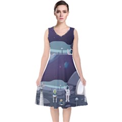 Alien Astronaut Scene V-neck Midi Sleeveless Dress  by Bedest