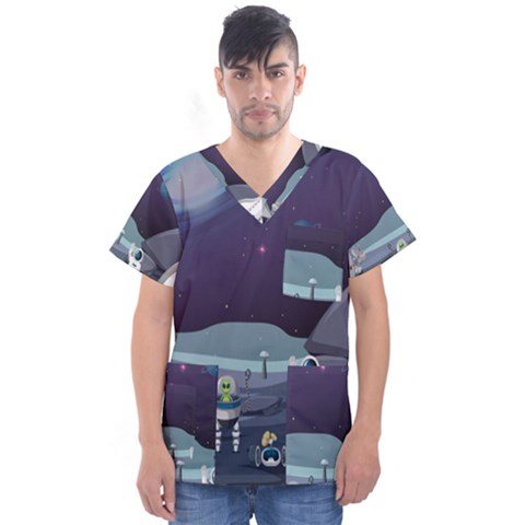 Alien Astronaut Scene Men s V-neck Scrub Top by Bedest