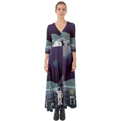 Alien Astronaut Scene Button Up Boho Maxi Dress by Bedest