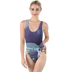 Alien Astronaut Scene High Leg Strappy Swimsuit by Bedest