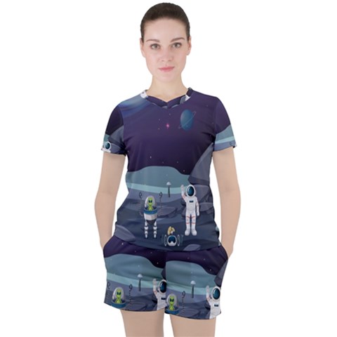 Alien Astronaut Scene Women s T-shirt And Shorts Set by Bedest